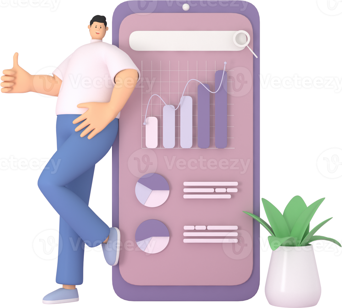 een mannetje karakter leunend Aan telefoon. de infographic presentatie Aan mobiel scherm. 3d renderen van bedrijf modellen png