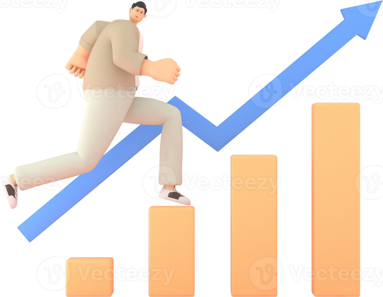 un personaje de hombre que corre con el gráfico muestra el valor de las acciones. Representación 3d de modelos de negocio. png