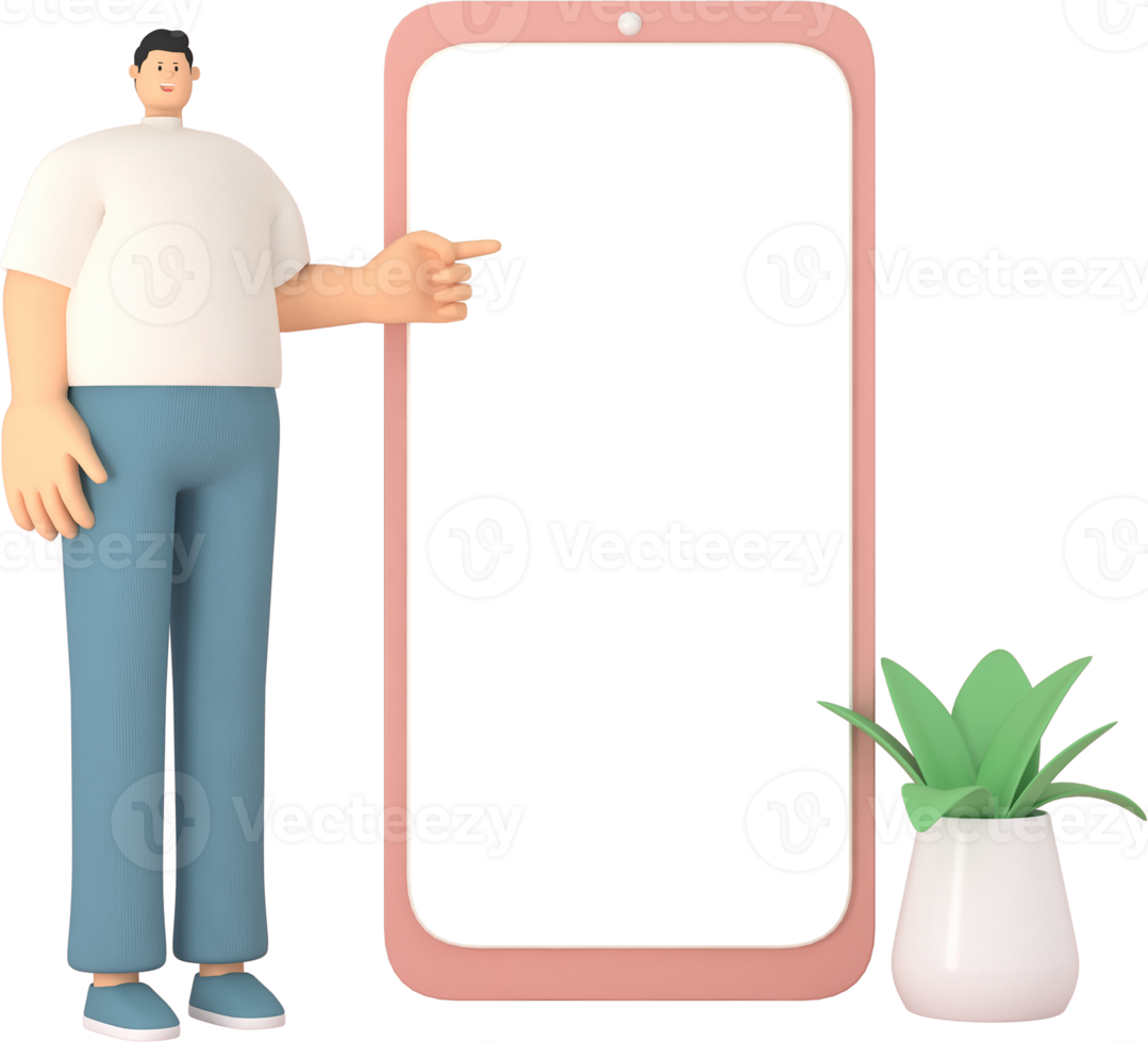 eine männliche Charakterpräsentation auf dem mobilen weißen Bildschirm. 3D-Rendering von Geschäftsmodellen. enthält Pfade auf der Bildschirmoberfläche. png