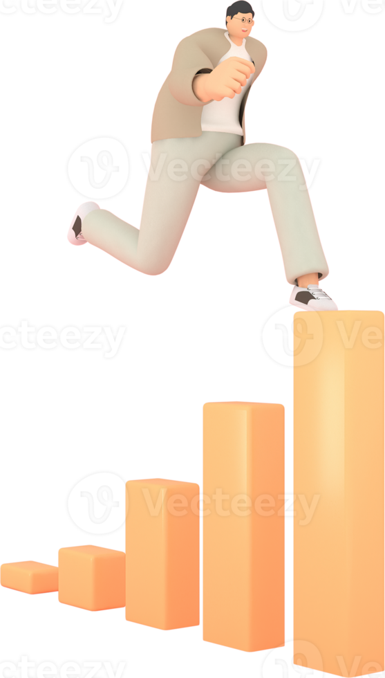 A man character running with The graph shows the stock up. 3d rendering of business models. png