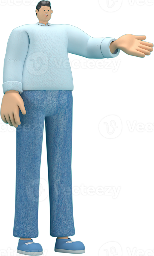 cartoon character wearing jeans and  long shirt. He is expression  of body and hand when talking. 3d rendering in acting. png