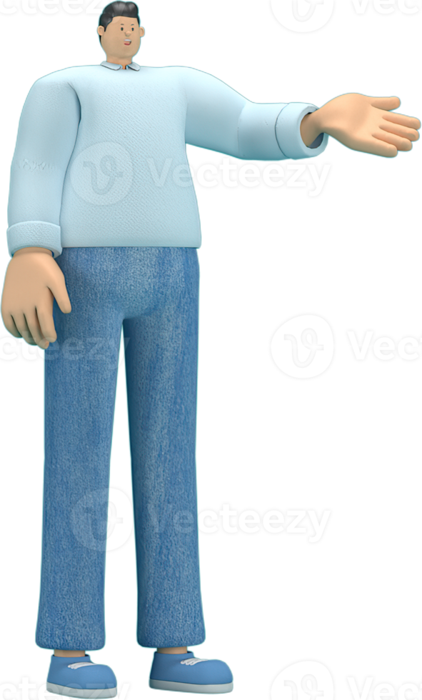 zeichentrickfigur in jeans und langem hemd. Er ist Ausdruck von Körper und Hand beim Sprechen. 3D-Rendering in der Schauspielerei. png