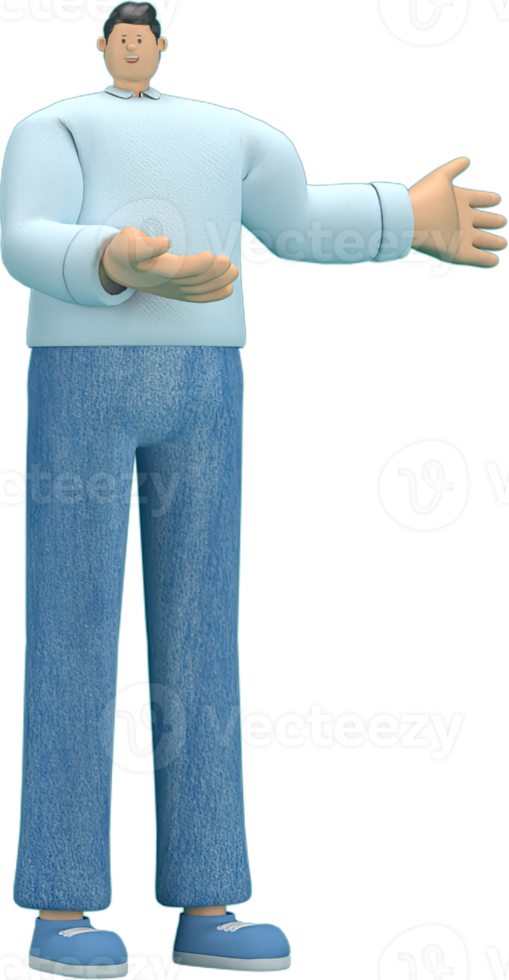 cartoon character wearing jeans and  long shirt. He is expression  of body and hand when talking. 3d rendering in acting. png