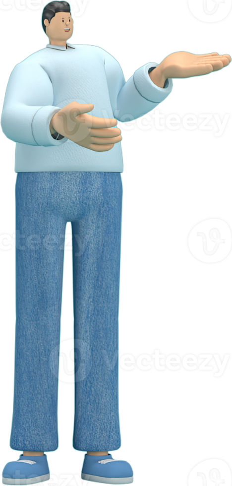 cartoon character wearing jeans and  long shirt. He is expression  of body and hand when talking. 3d rendering in acting. png