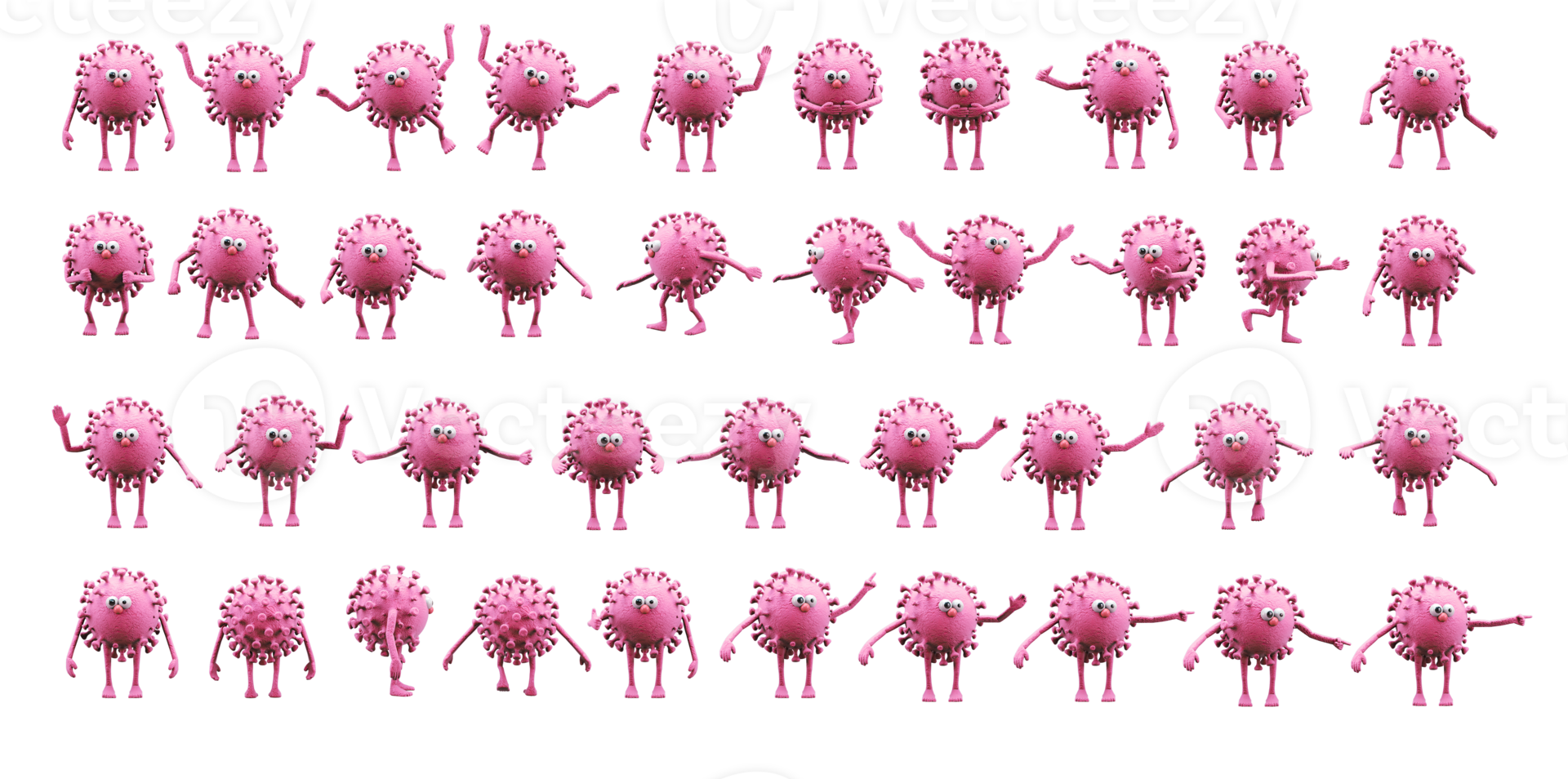 Virus characters in magenta color are doing various gestures. 3d cartoon. png