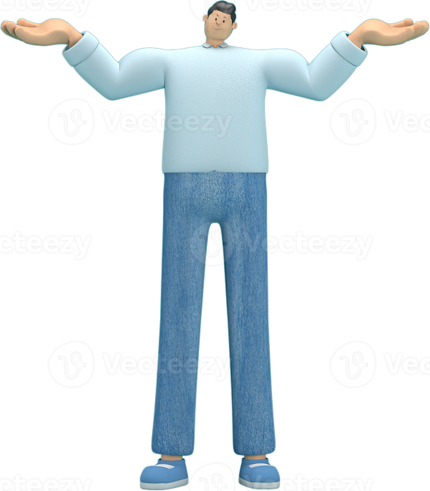 personnage de dessin animé portant un jean et une chemise longue. il est l'expression du corps et de la main lorsqu'il parle. Rendu 3D en agissant. png
