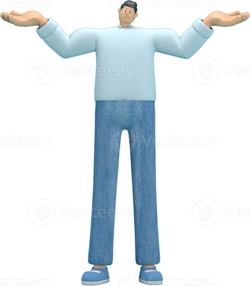 cartoon character wearing jeans and  long shirt. He is expression  of body and hand when talking. 3d rendering in acting. png