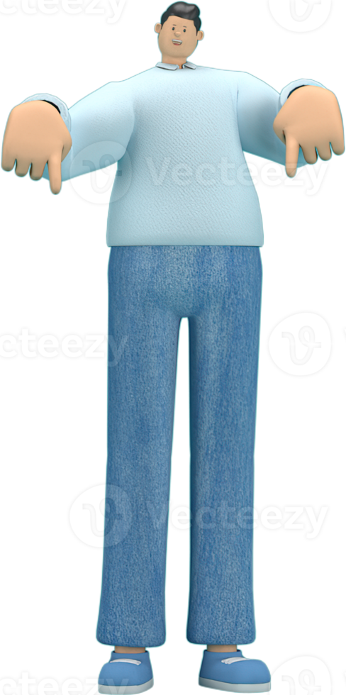 personaje de dibujos animados con jeans y camisa larga. es expresión del cuerpo y de la mano al hablar. Representación 3D en la actuación. png