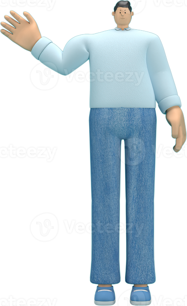 personagem de desenho animado vestindo jeans e camisa longa. ele é expressão de corpo e mão ao falar. renderização 3D em atuação. png