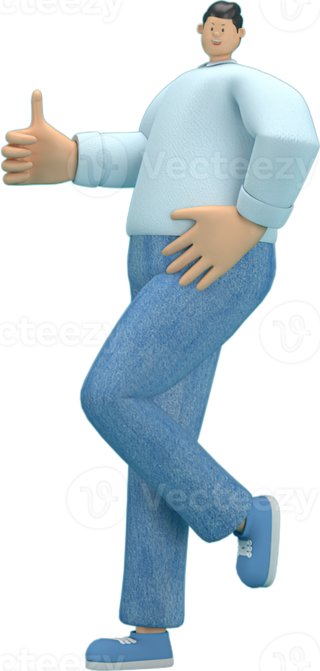 cartoon character wearing jeans and  long shirt. He is expression  of body and hand when talking. 3d rendering in acting. png