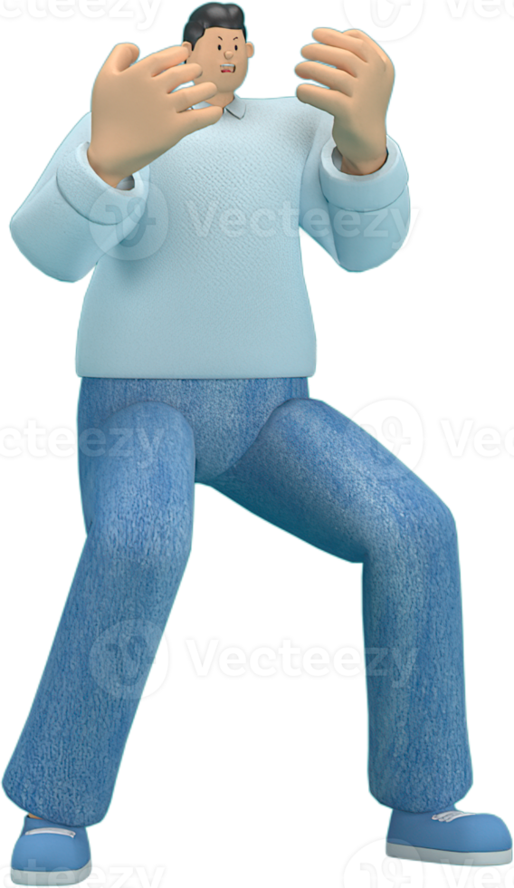 cartoon character wearing jeans and  long shirt. He is expression  of body and hand when talking. 3d rendering in acting. png