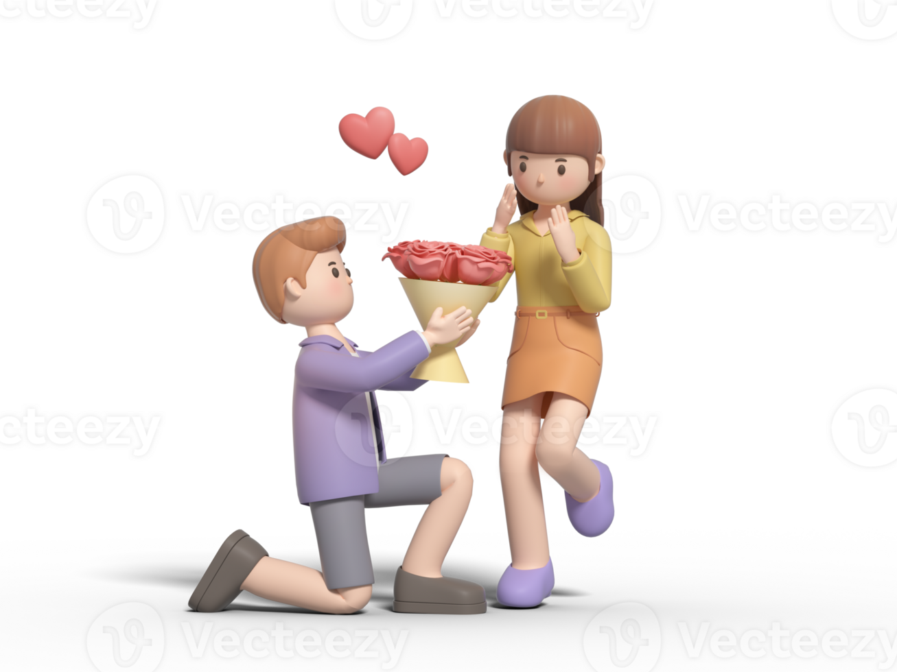 3d rendering of lovers' cartoon characters on valentine's day png