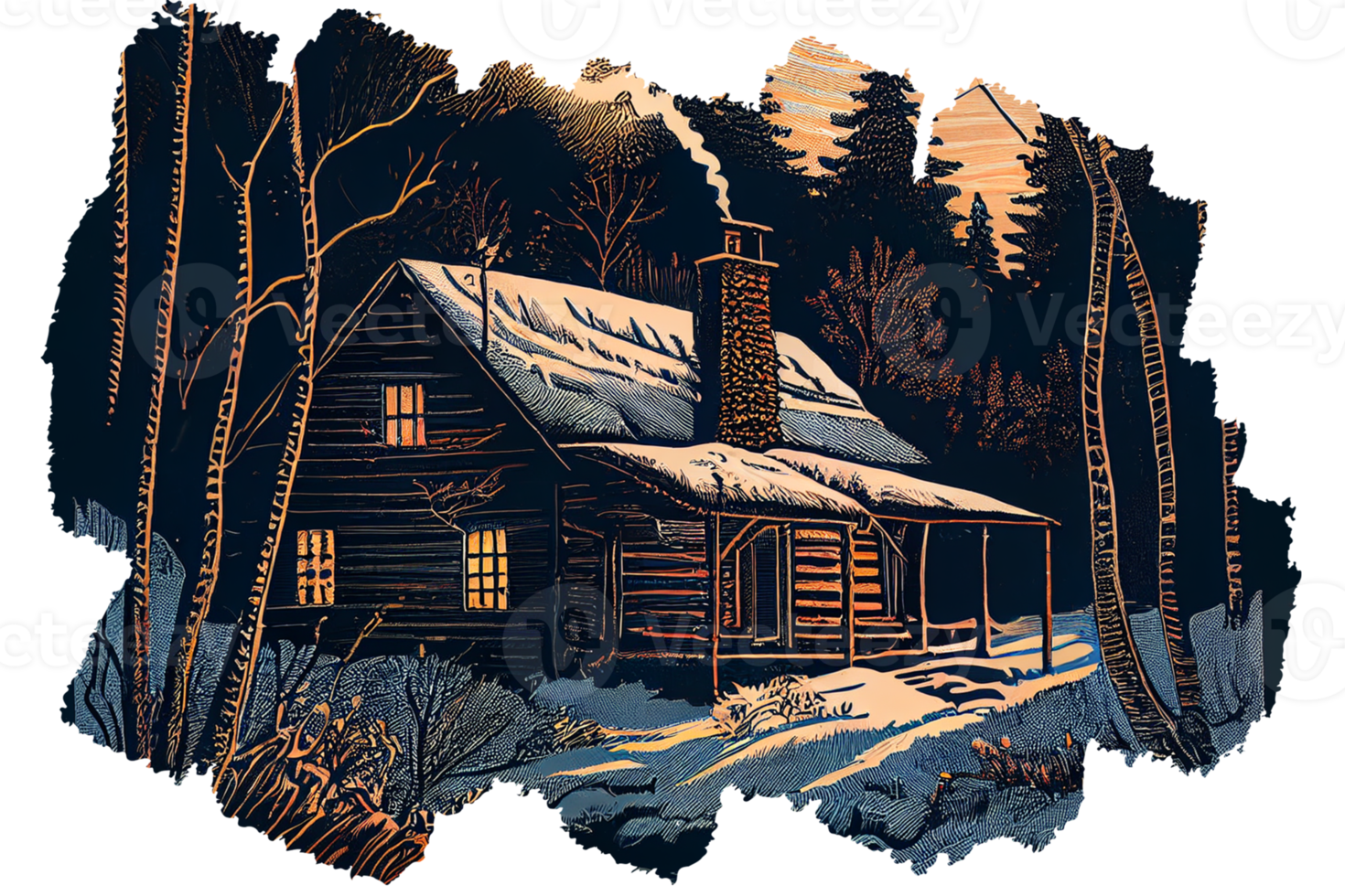 Small wooden cabin in winter forest. Linocut style illustration png