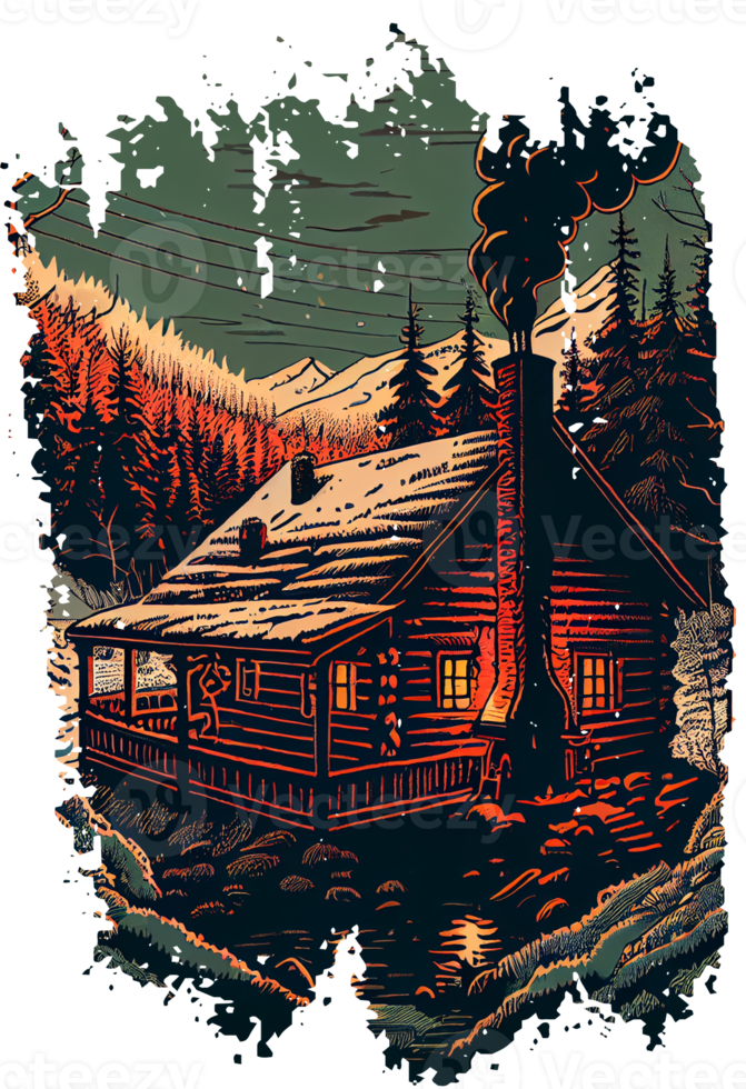 kleine Holzhütte im Winterwald. Illustration im Linolschnitt-Stil png