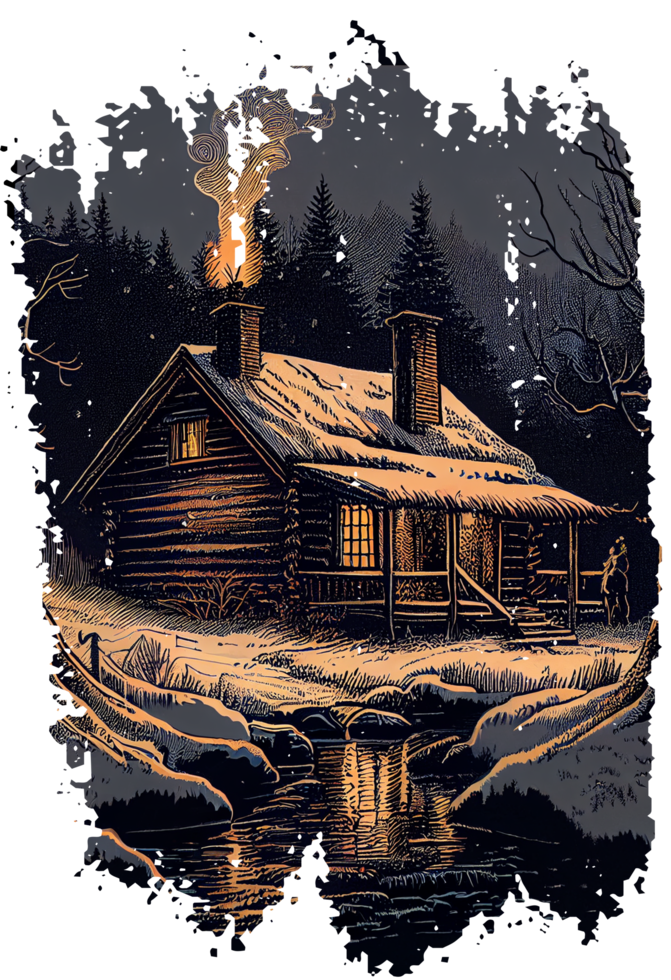 pequena cabana de madeira na floresta de inverno. ilustração estilo linogravura png