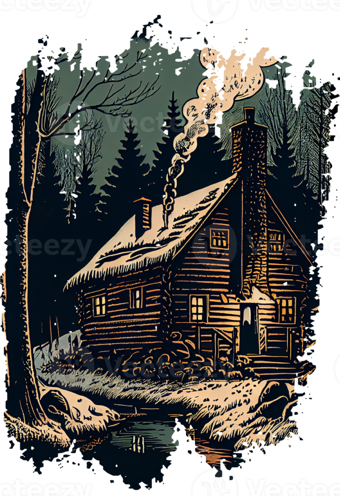 Small wooden cabin in winter forest. Linocut style illustration png