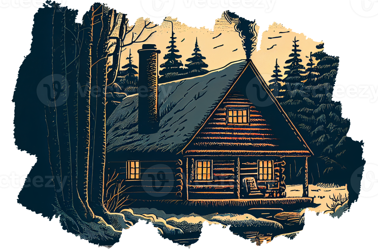 Small wooden cabin in winter forest. Linocut style illustration png