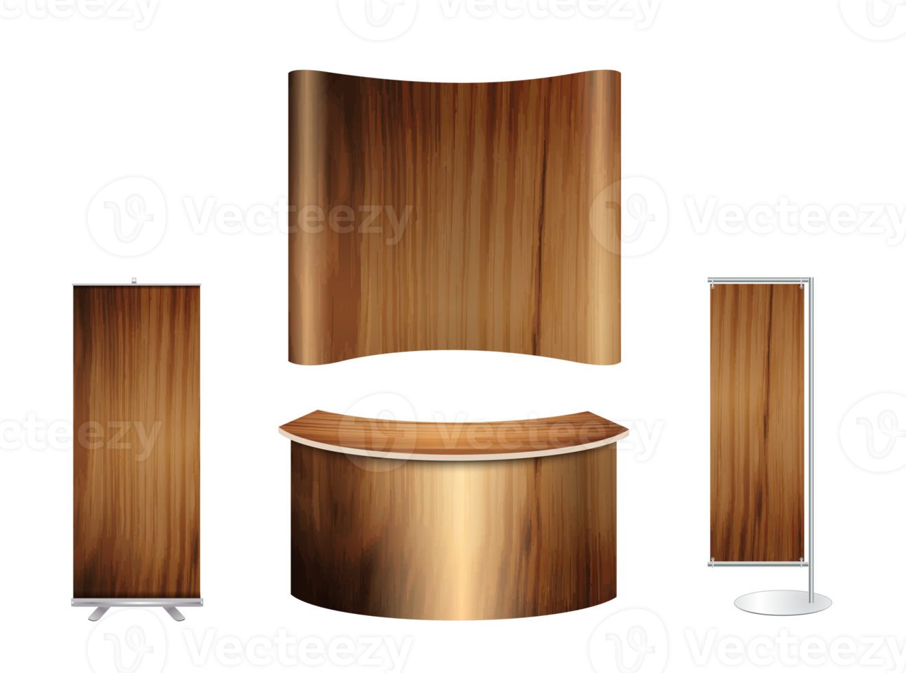 Trade show booth exhibition stand design mock up. Front view with wood texture background png