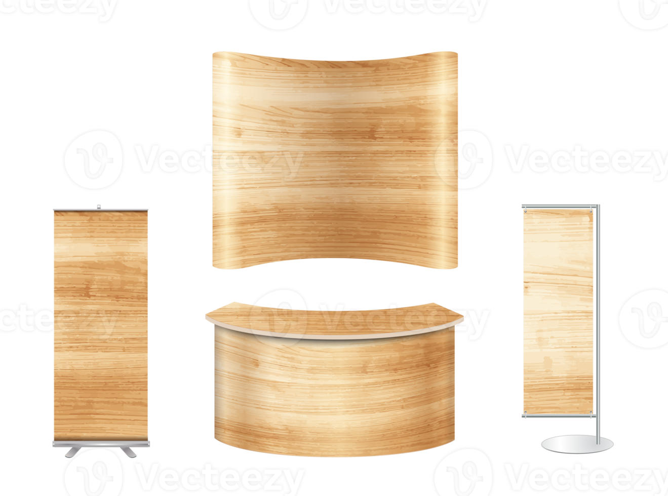 Trade show booth exhibition stand design mock up. Front view with wood texture background png