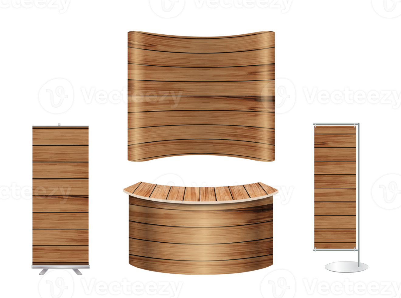 Trade show booth exhibition stand design mock up. Front view with wood texture background png