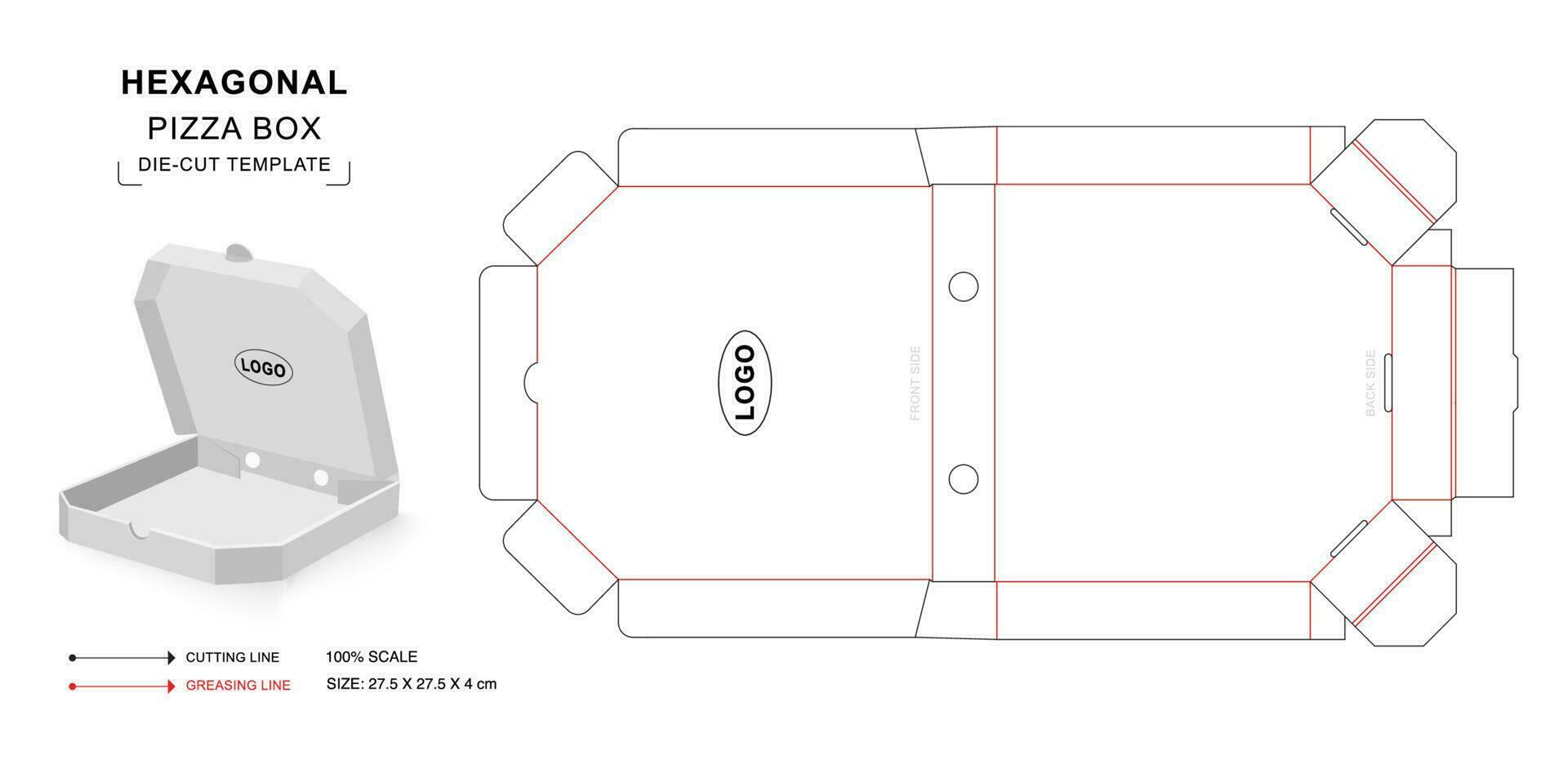 caja de pizza pequeña plantilla troquelada de embalaje hexagonal vector