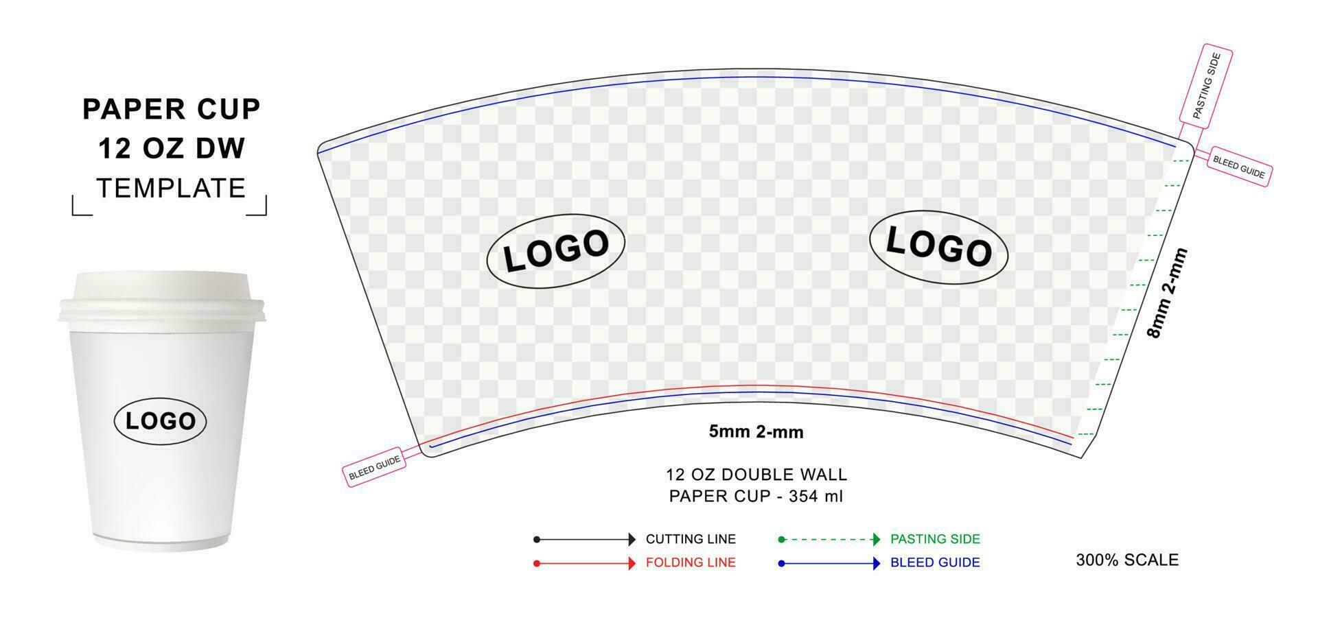 plantilla troquelada de vaso de papel para pared doble de 12 oz vector