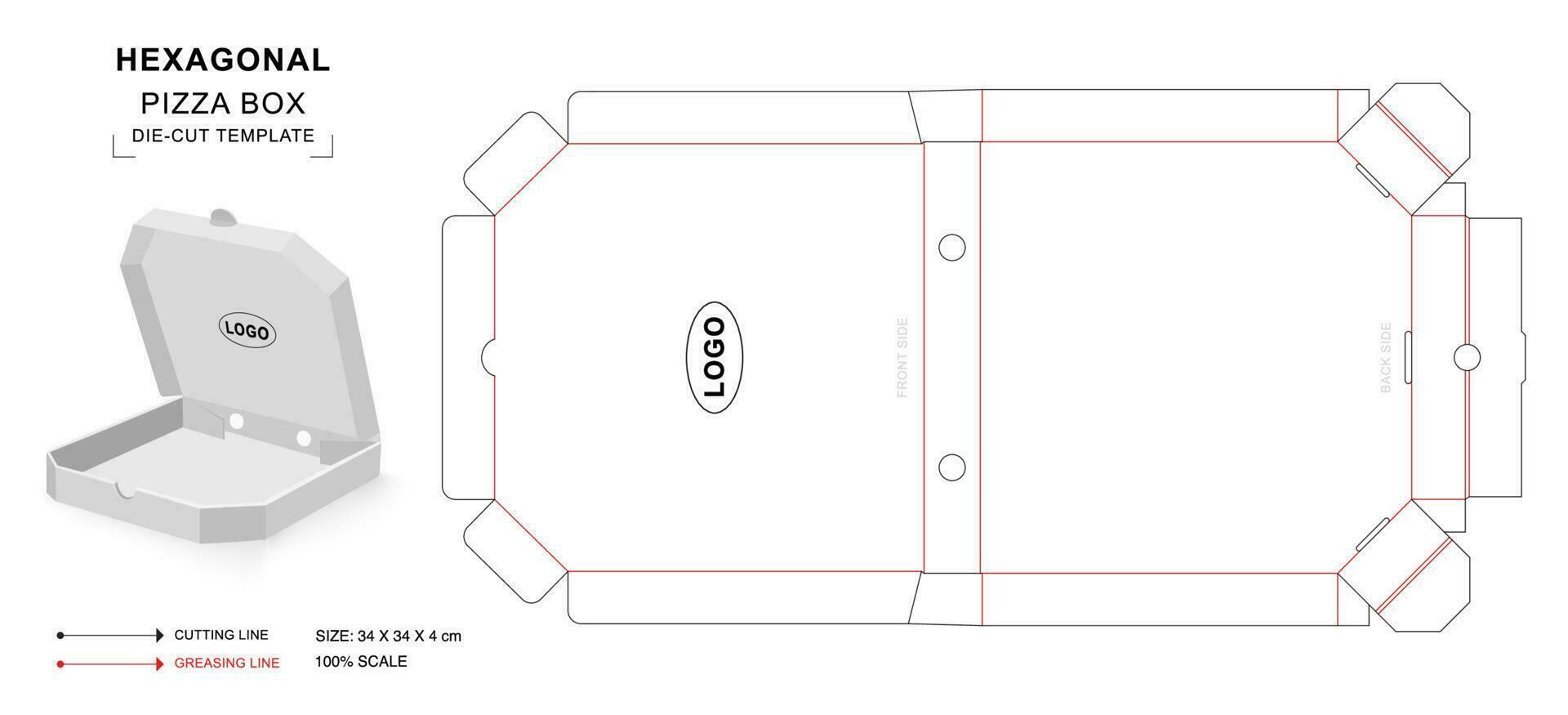 caja de pizza plantilla troquelada de embalaje hexagonal medio vector