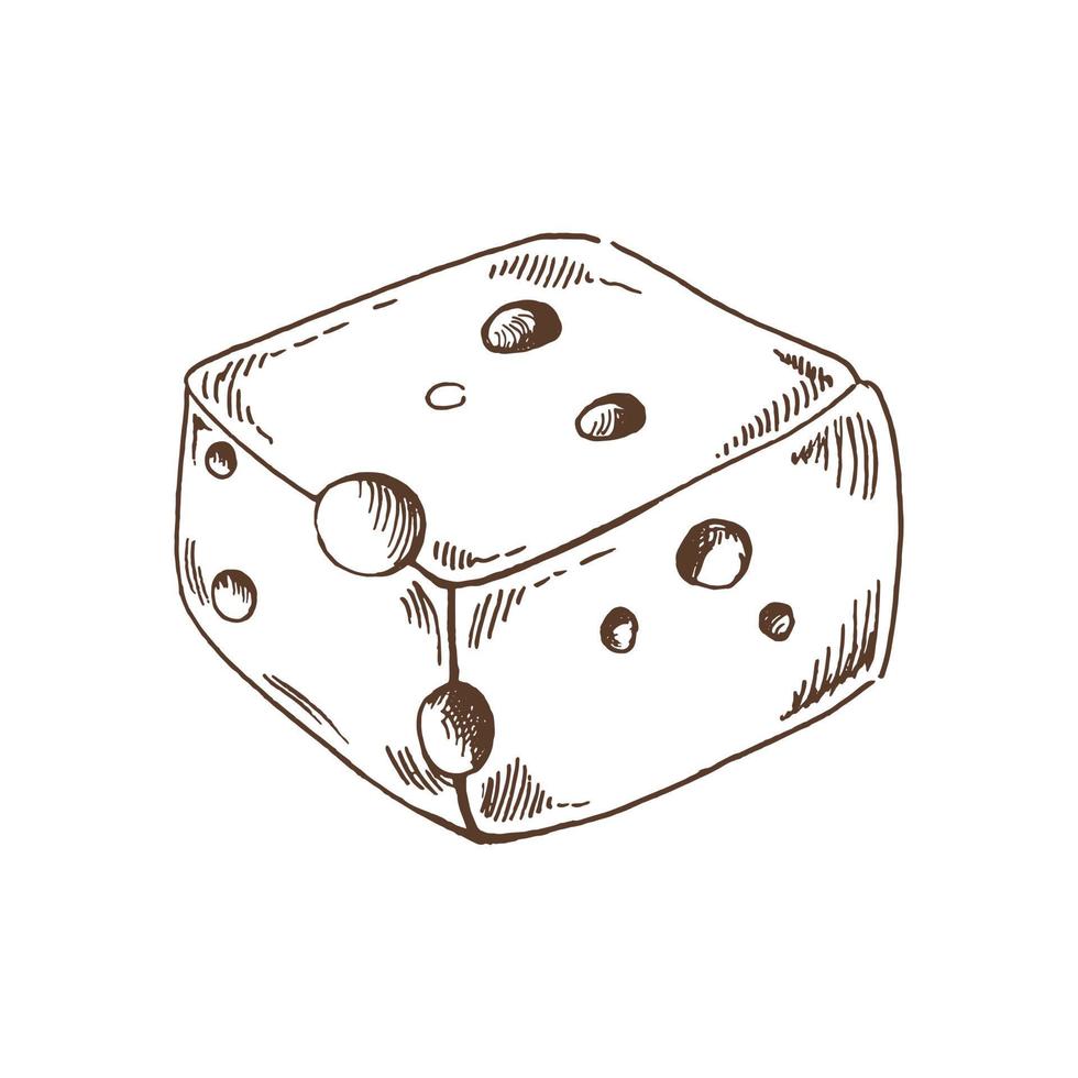 Hand drawn sketch piece of cheese. Vector black and white vintage illustration. Isolated object on white background.