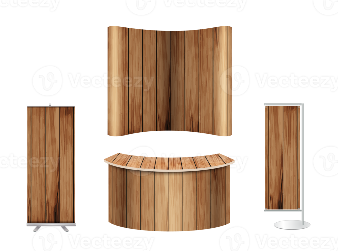 Trade show booth exhibition stand design mock up. Front view with wood texture background png