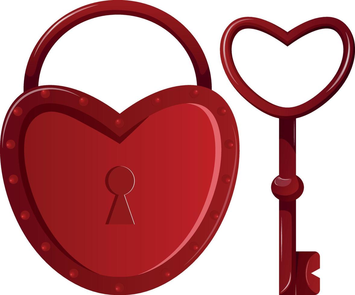 Valentine's day cartoon red heart-shaped lock with keyhole and heart-shaped key on transparent background. Design for advertising poster or mobile app. Vector illustration.