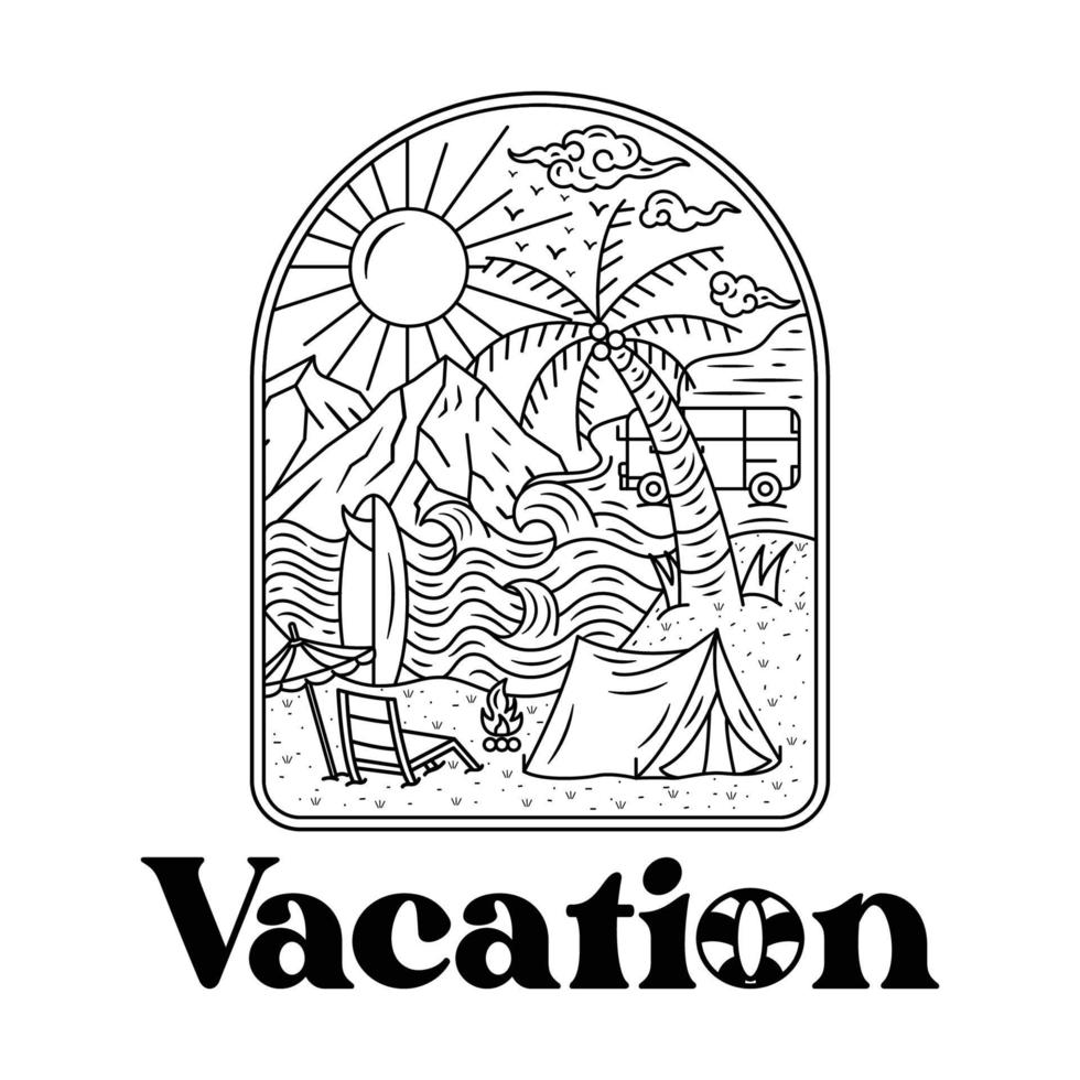 arte de línea de vacaciones coloreando paisajes de iconos de línea natural con montañas, campos y ríos, ilustración vectorial gráfica vacaciones de verano vacaciones vector