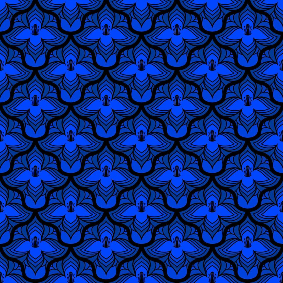 BLACK SEAMLESS VECTOR ART NOUVEAU BACKGROUND WITH BLUE FLOWERS