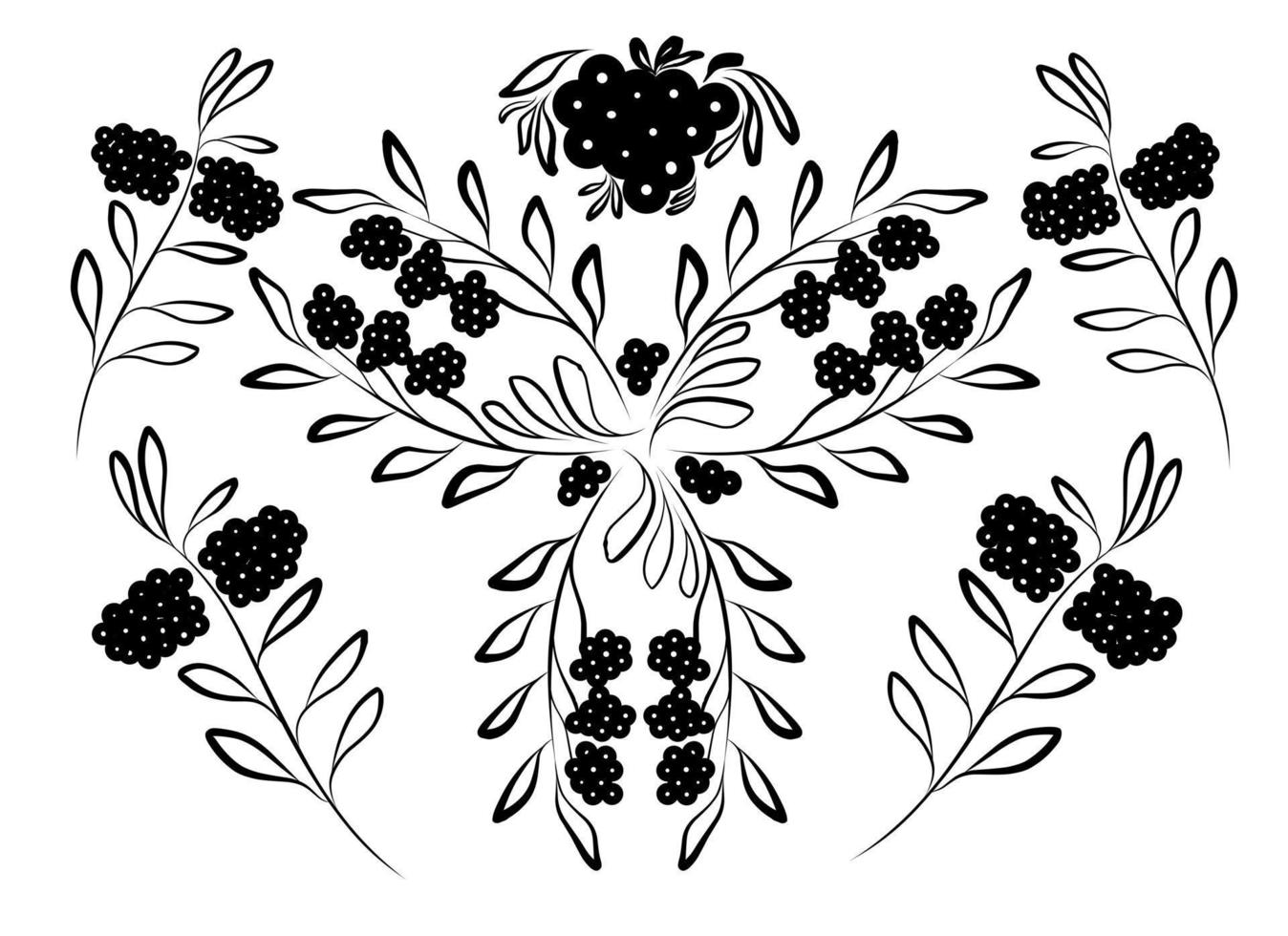 set berry and leaves outline black ethnic vector illustration