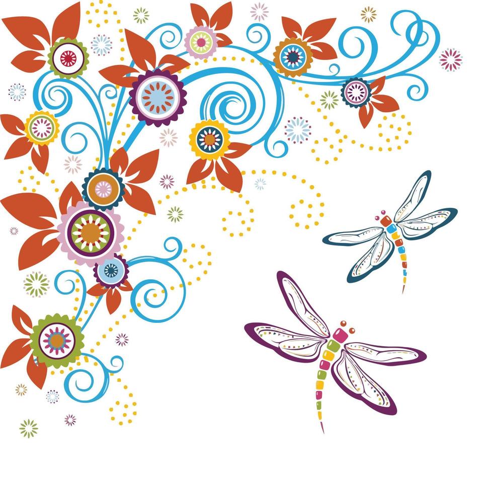 Dragonfly and Floral Corner leaf swirl design Dragonfly background. Vector illustration
