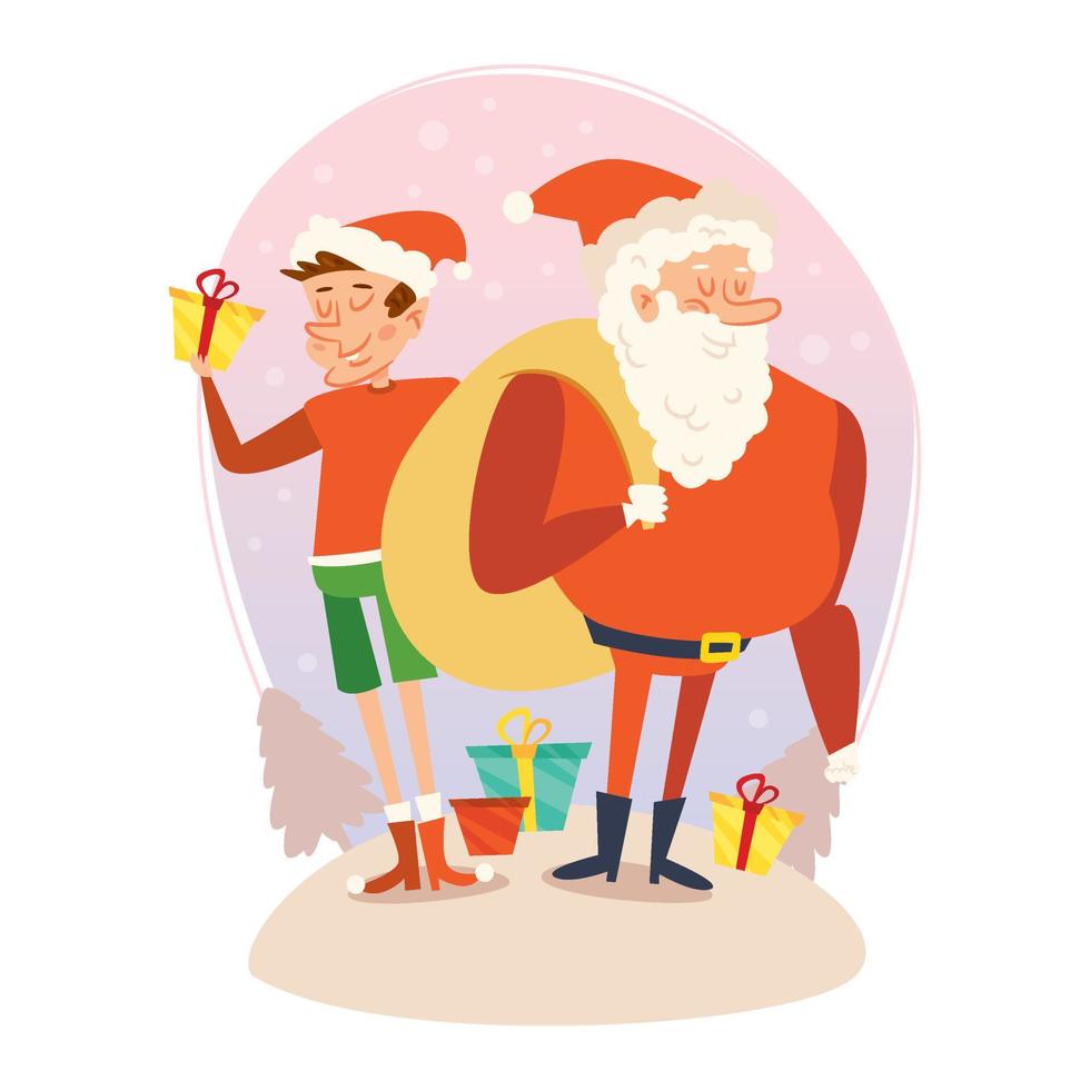 Papá Noel sonriente saludando a los niños al aire libre con regalos de año nuevo. feliz padre navidad felicitar a los niños jugando afuera con regalos en las vacaciones de invierno. ilustración vectorial plana. vector