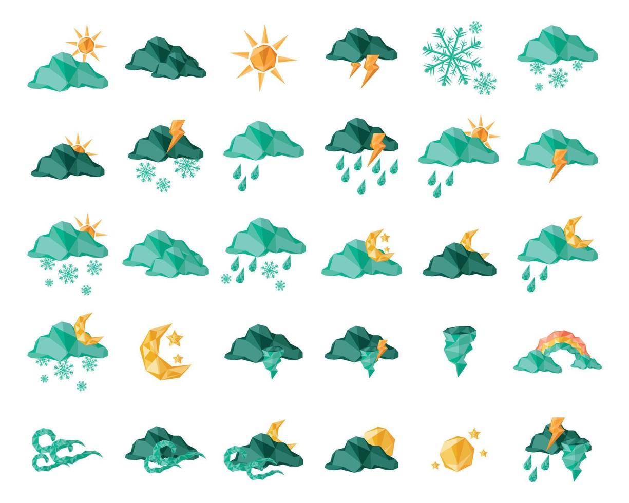 Watercolor weather icons set on blue background. Vector illustration. clouds, dew on leaves, fog sign, day and night for forecast design. Winter and summer symbols, sun and thunderstorm stickers.