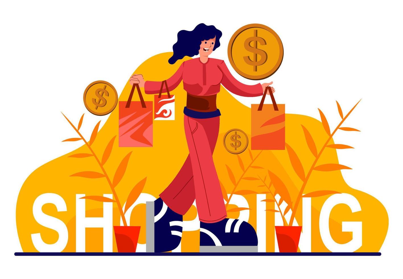 Flat design cheerful woman holding shopping bags. Shopping illustration vector