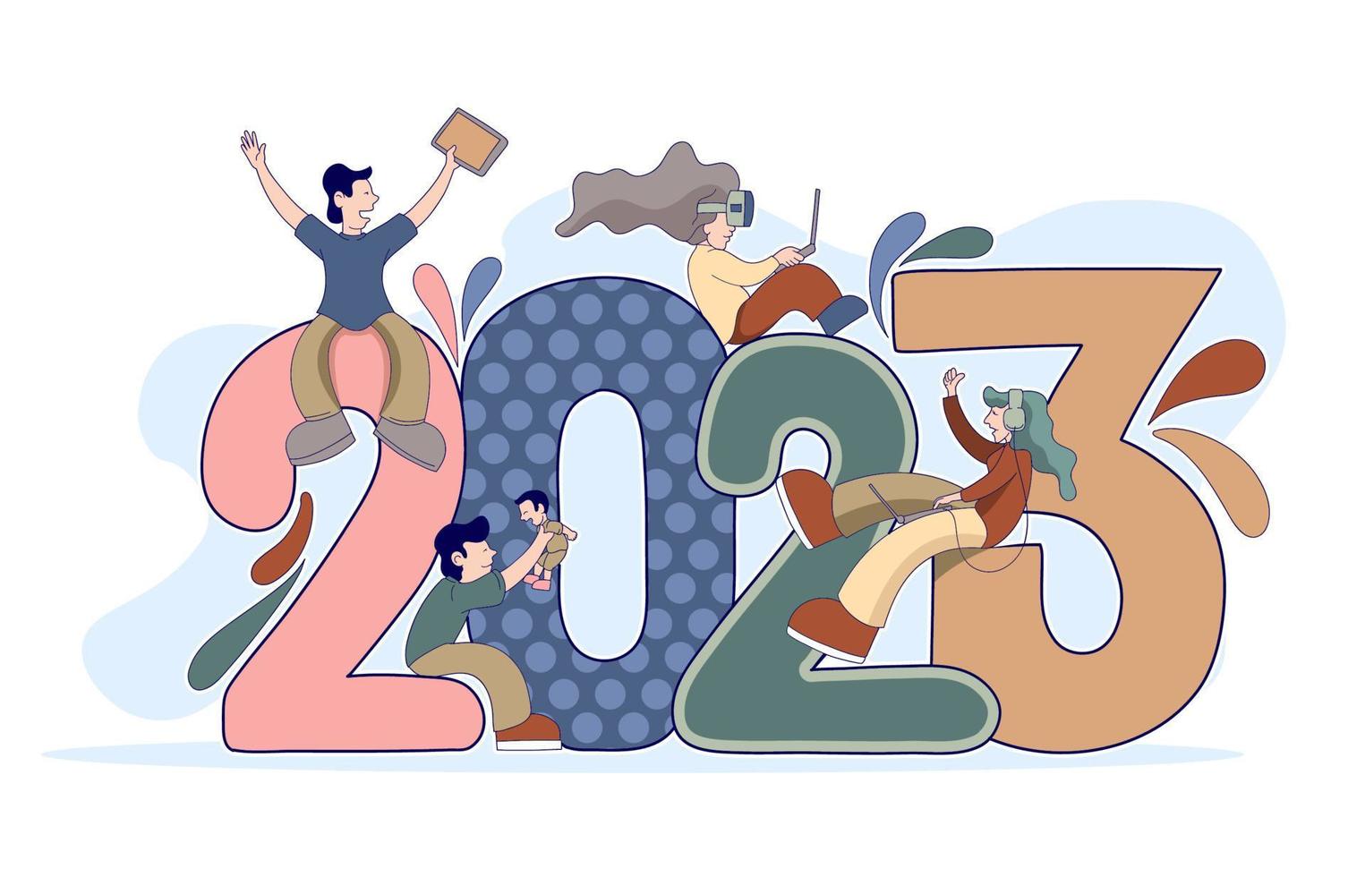 Happy new year 2023 design with colorful flat characters design vector