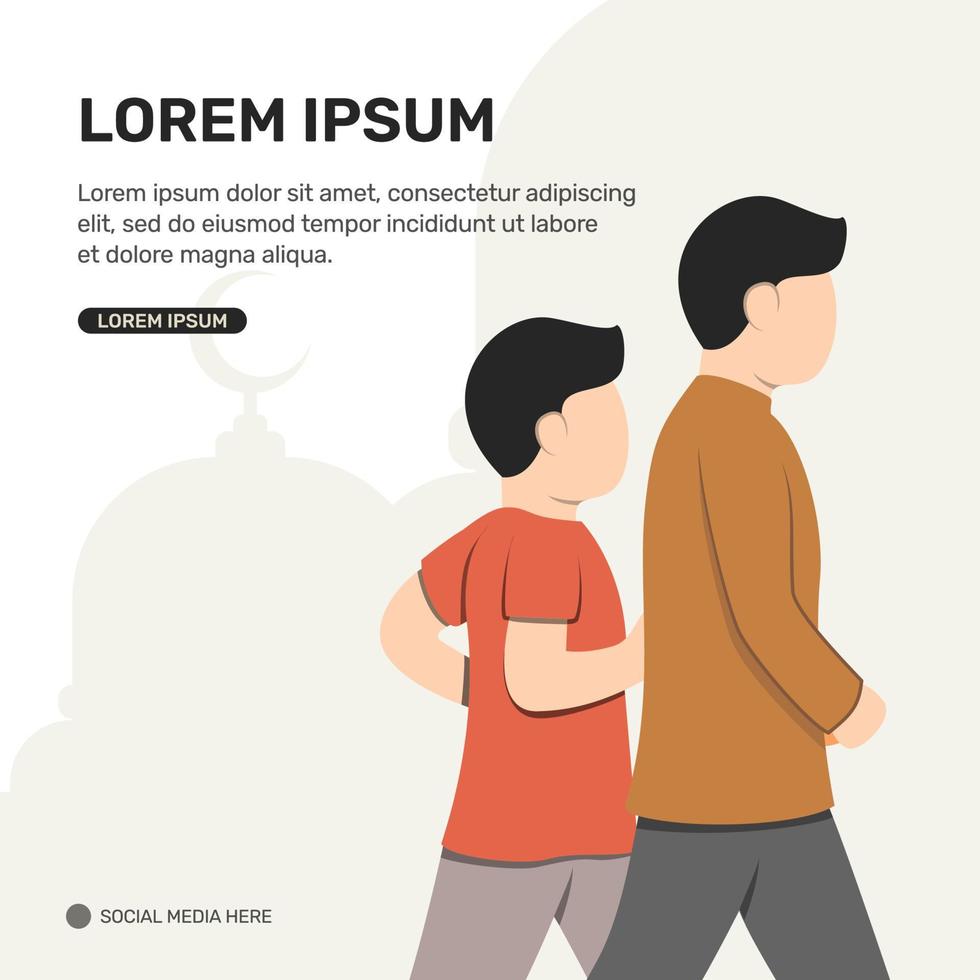 Muslim Father and son walking to mosque social media post template vector