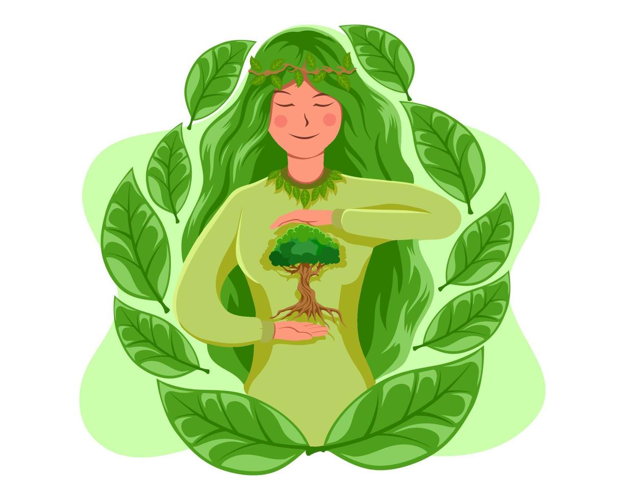 Mystic Nature girl hold tree. One million trees movement vector
