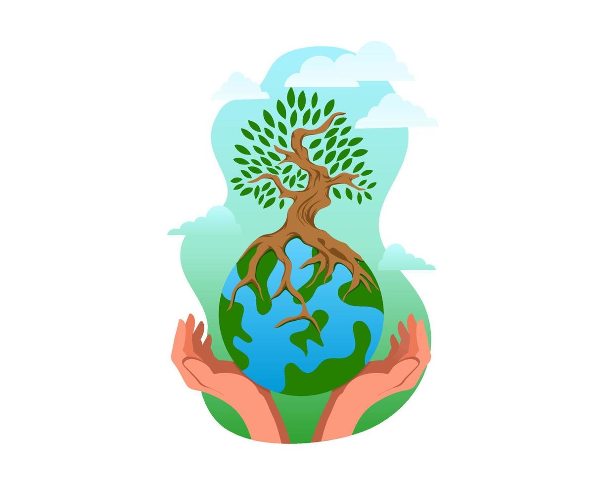 Hand hold earth and tree above. Mother Earth Day. One million trees movement vector