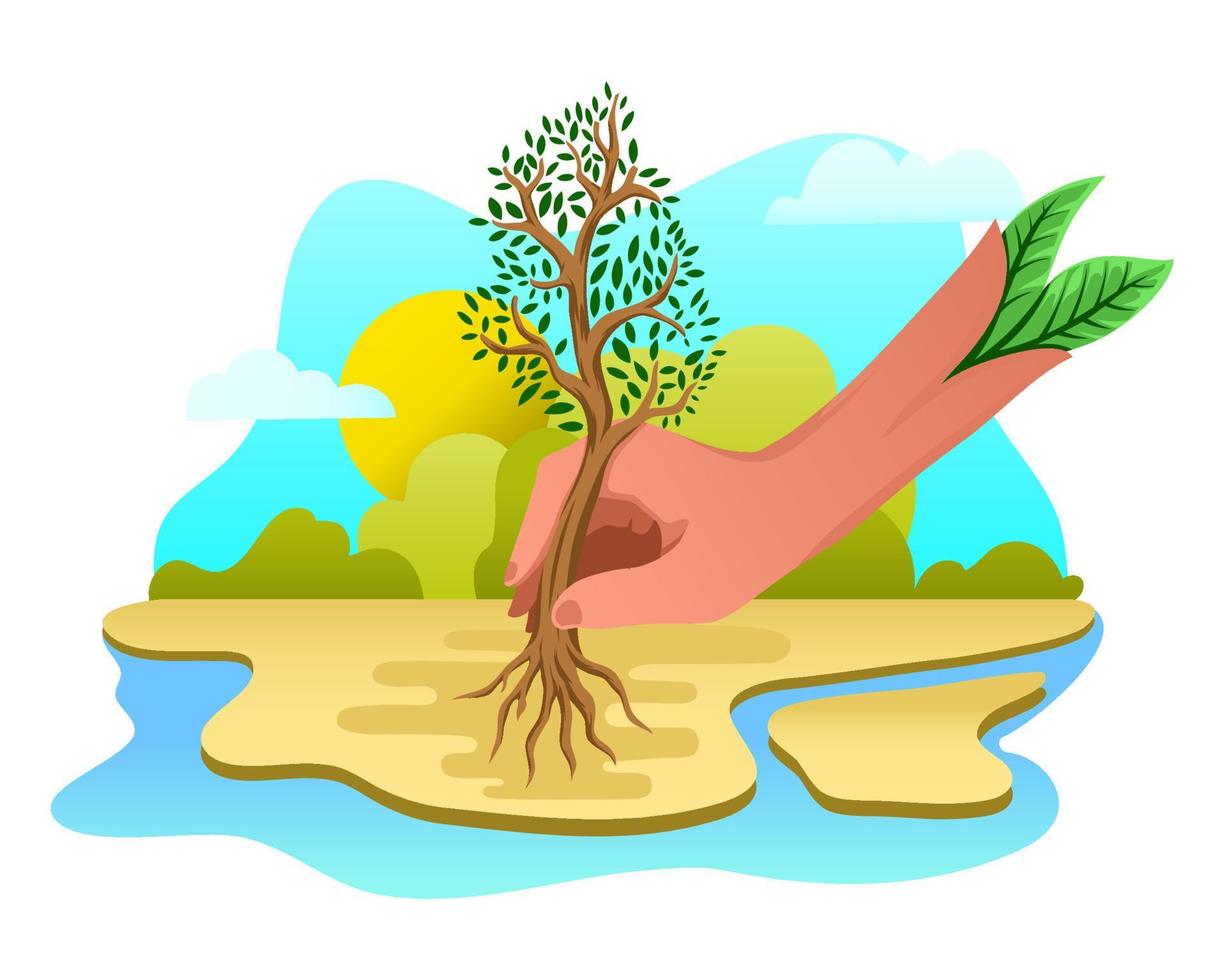 Illustration of hand plant a tree for future. One million trees movement vector