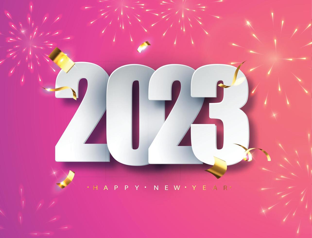 2023 feliz año nuevo. números elegantes contra el fondo de fuegos artificiales parpadeantes. tarjeta de felicitación, pancarta, póster. ilustración vectorial vector