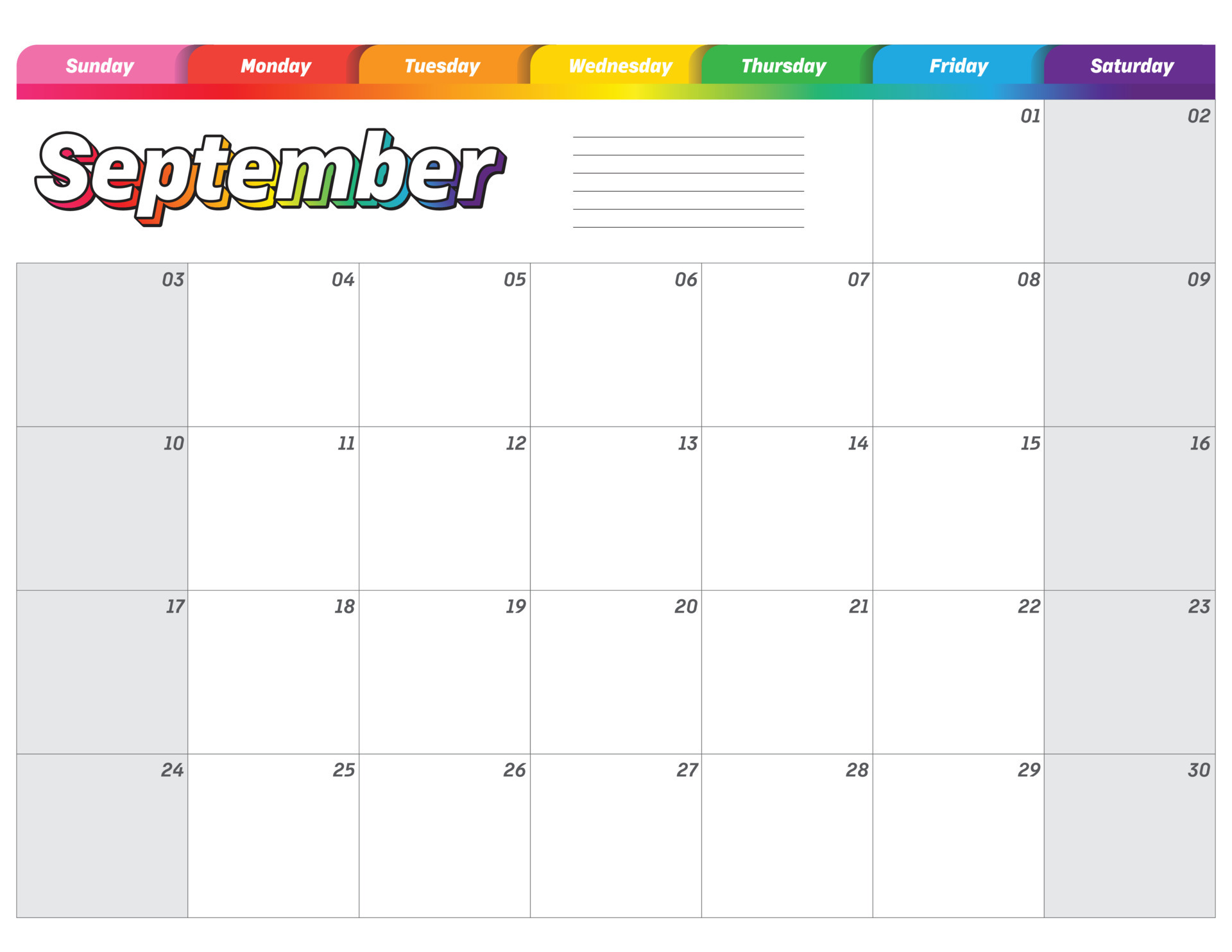 september 2023 simple rainbow colorful monthly planner calendar