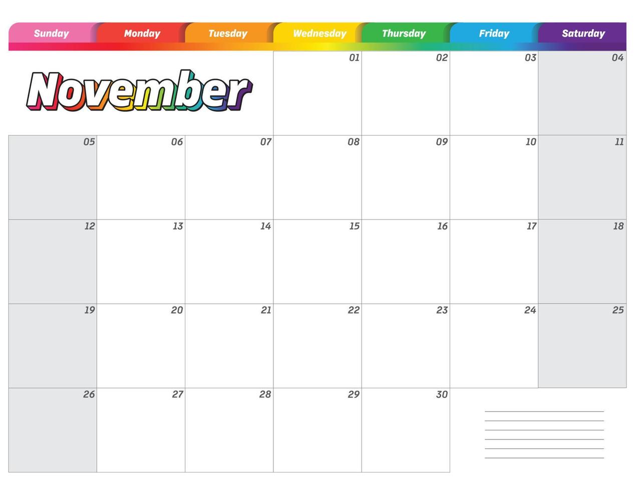 november 2023 simple rainbow colorful monthly planner calendar vector