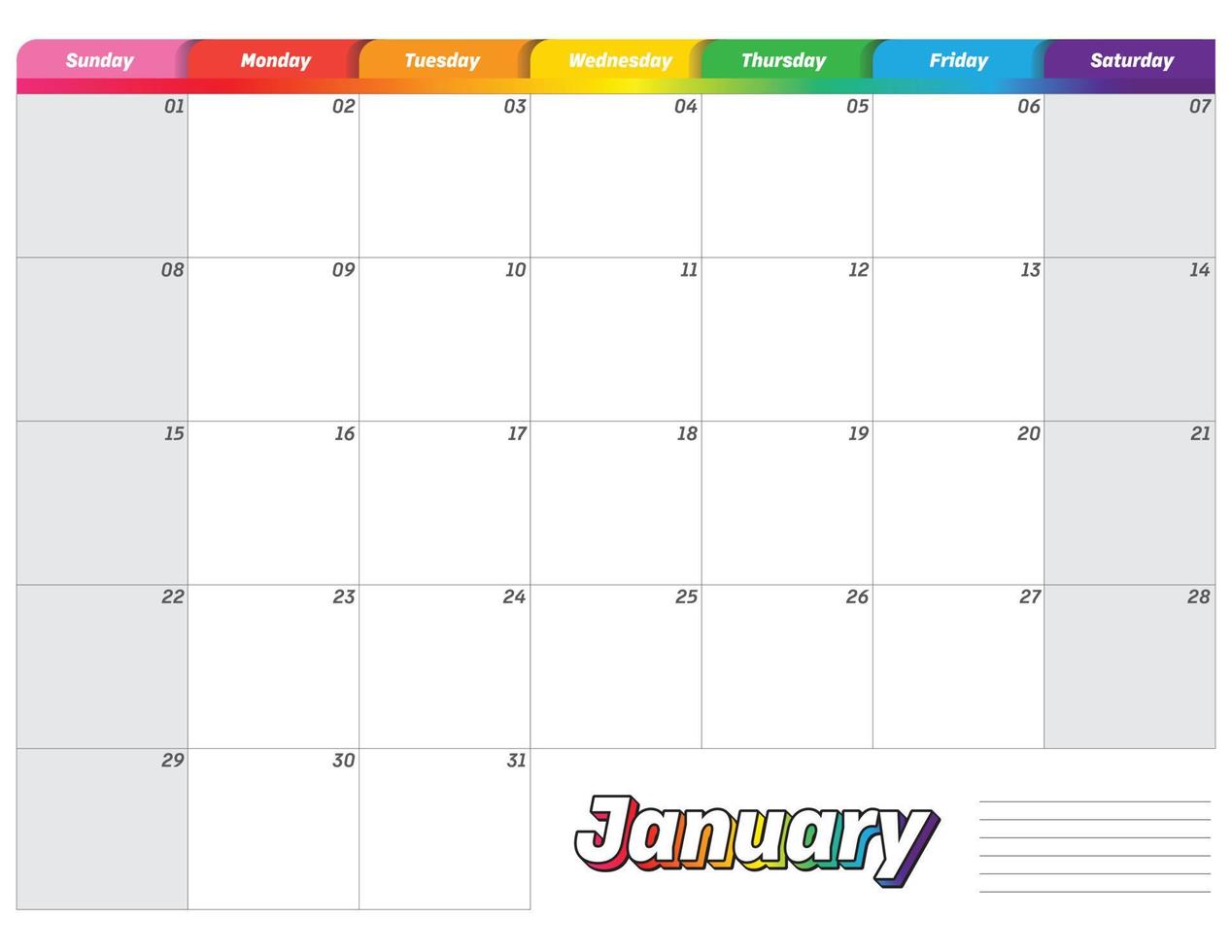 january 2023 simple rainbow colorful monthly planner calendar vector