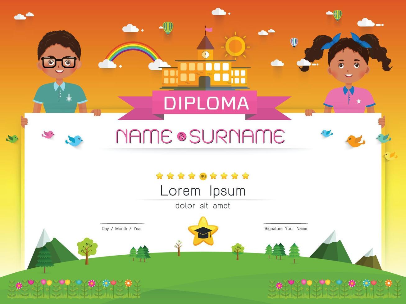 Certificate kids diploma Vector illustration.