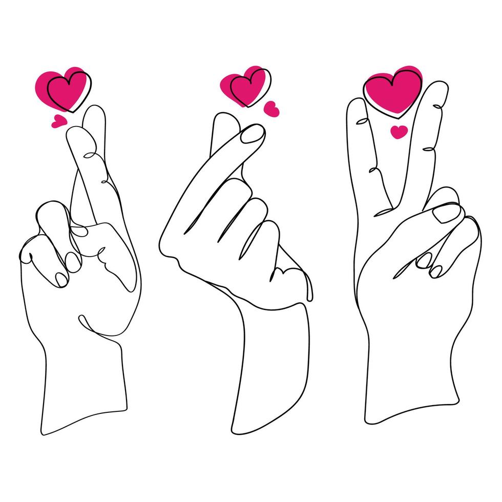 Hand gestures in different poses with hearts set, Finger love symbol.Liner design template for icon,logo,printing,romantic design elements Vector illustration.Female hand gestures line art drawing