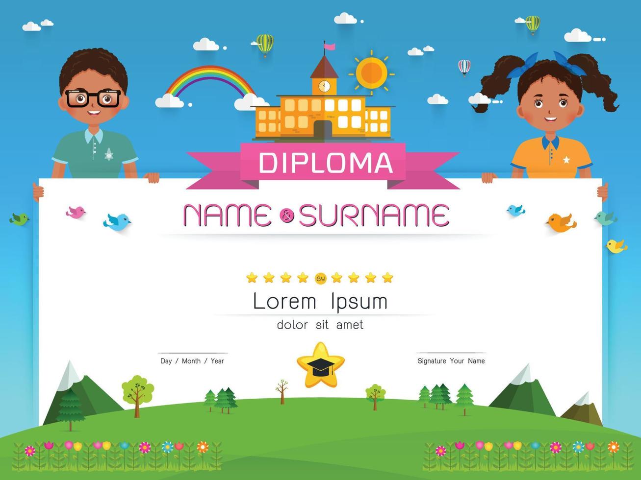 Certificate kids diploma Vector illustration.