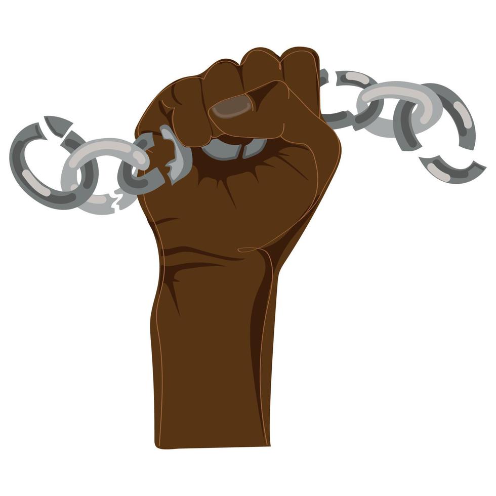 Afro american man fist up with broken chain vector illustration.Black history month concept drawing with black skined fist and chain isolated on white design template for poster,banner,print,emblem